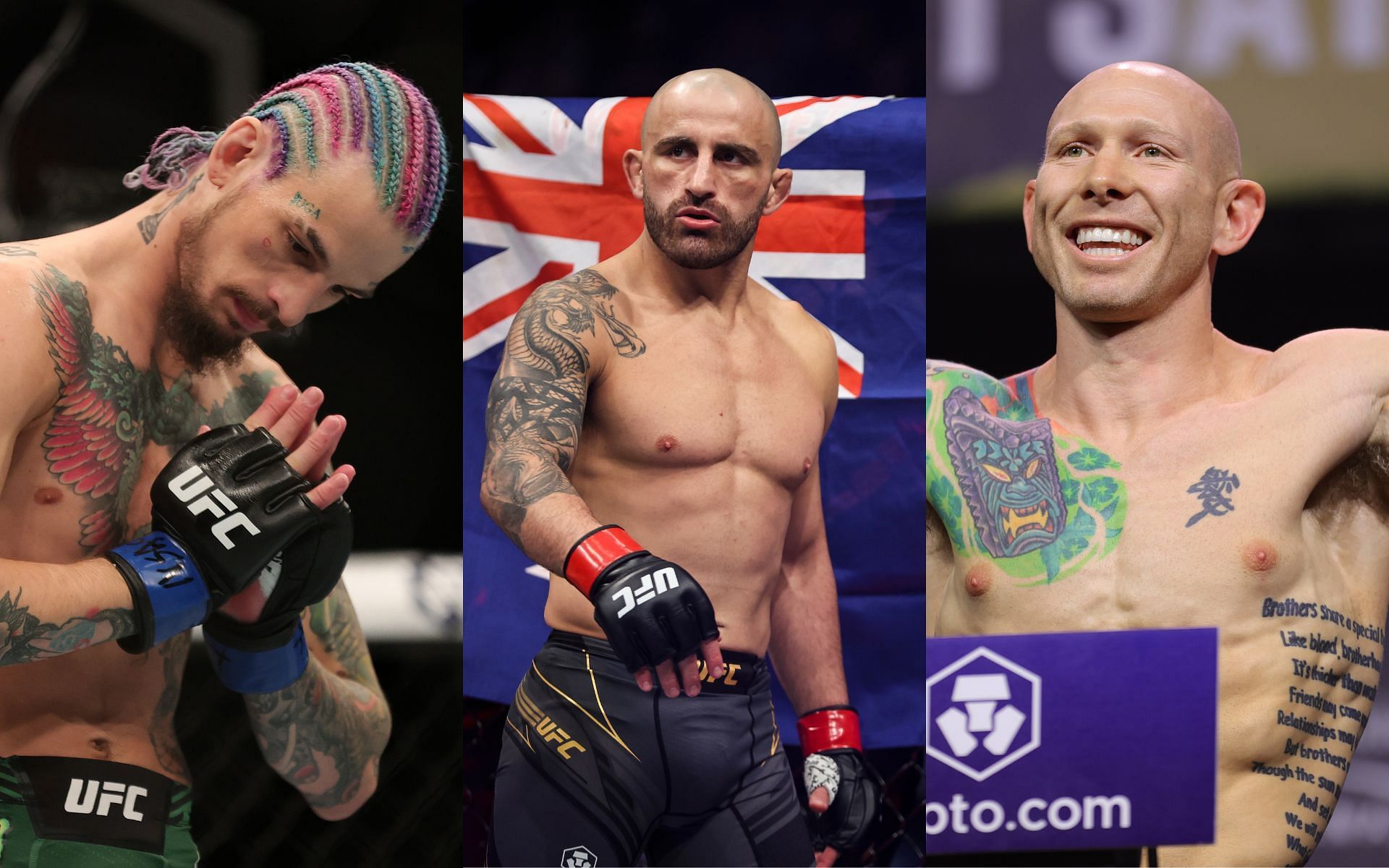 Sean O&#039;Malley (left); Alexander Volkanovski (center); Josh Emmett (right)