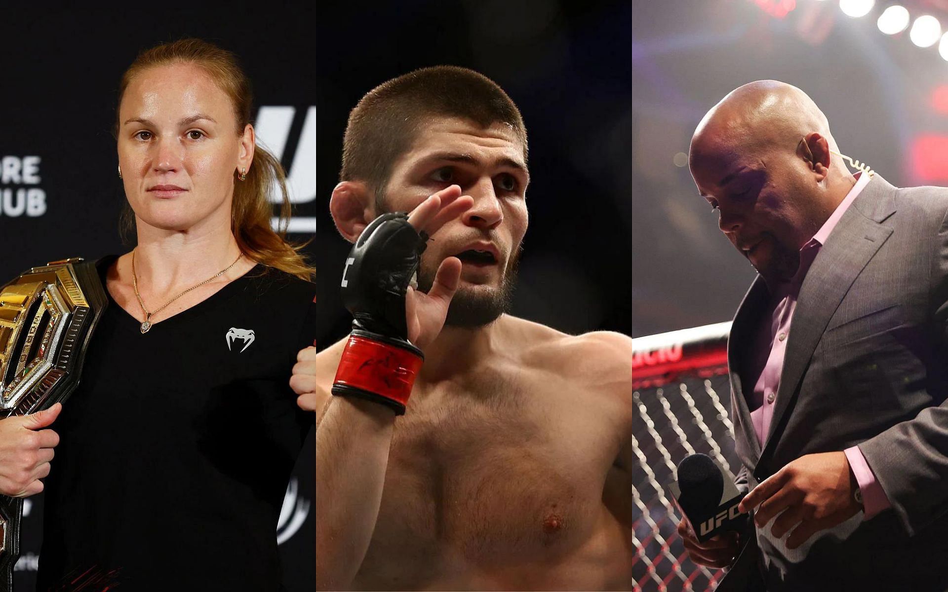 Valentina Shevcheno (Left), Khabib Nurmagomedov (Middle), and Daniel Cormier (Right) (Images courtesy of Getty)