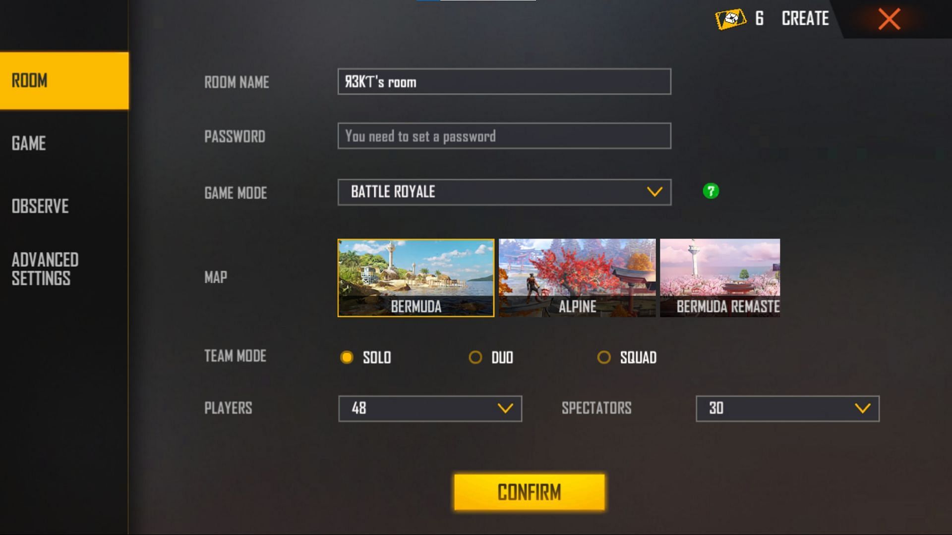 Select the desired settings in the room(Image via Garena)