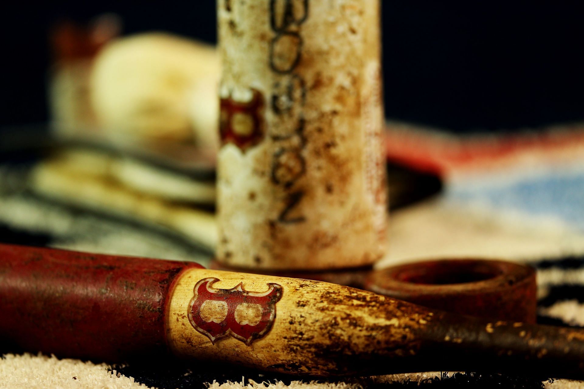 A detail of a Boston Red Sox bat