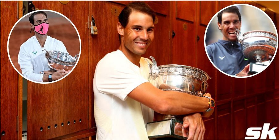 Rafael Nadal posing with his French Open trophies over the years