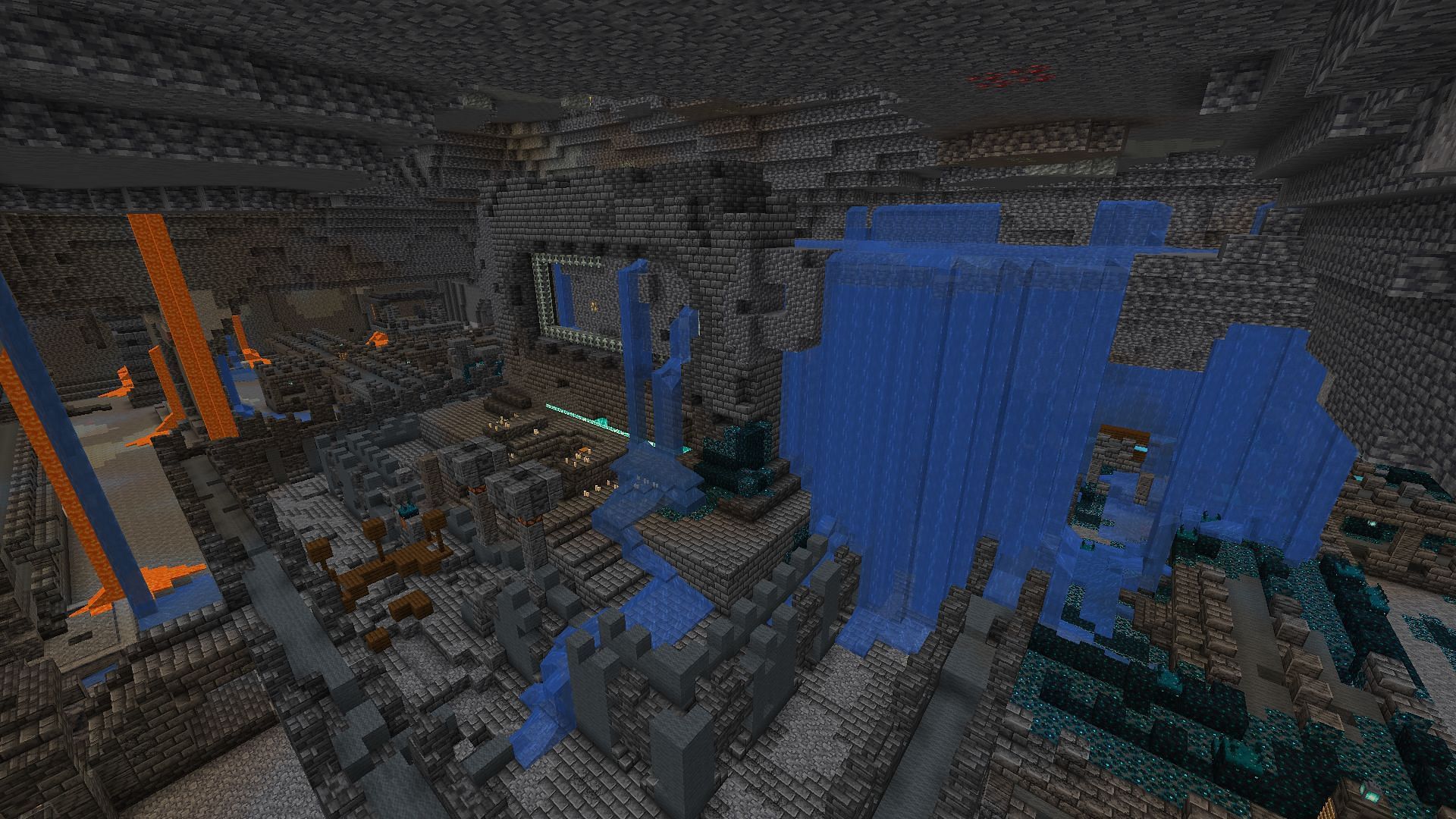 The portal of an ancient city, with water rushing through it (Image via Minecraft)
