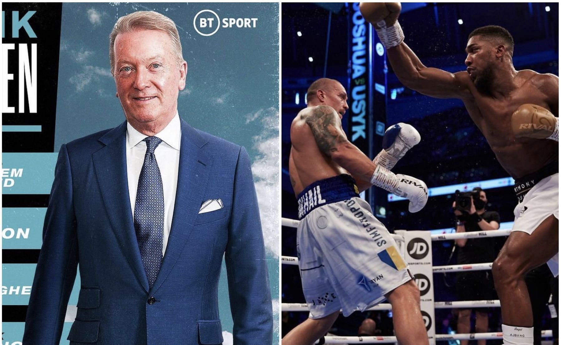 Frank Warren (left), Oleksandr Usyk (middle) and Anthony Joshua (right) - Images via @frank_warren_official and @usykaa
