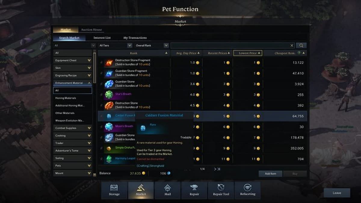 A look at Caldarr Fusion Material being sold in the Lost Ark Market (Image via Smilegate)