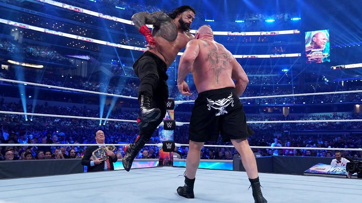 Reigns delivering a Superman Punch to Lesnar