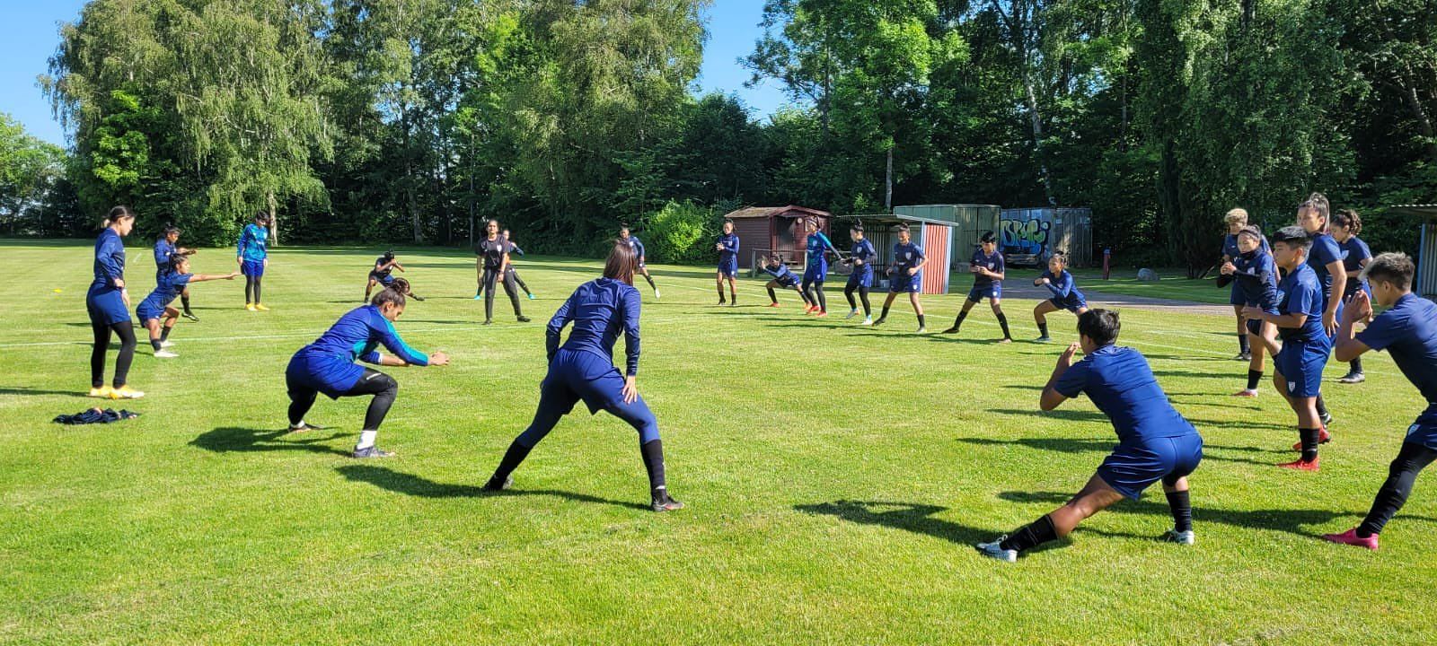 Indian senior women&#039;s team players training ahead of their clash against Sweden. (Image Courtesy: AIFF)