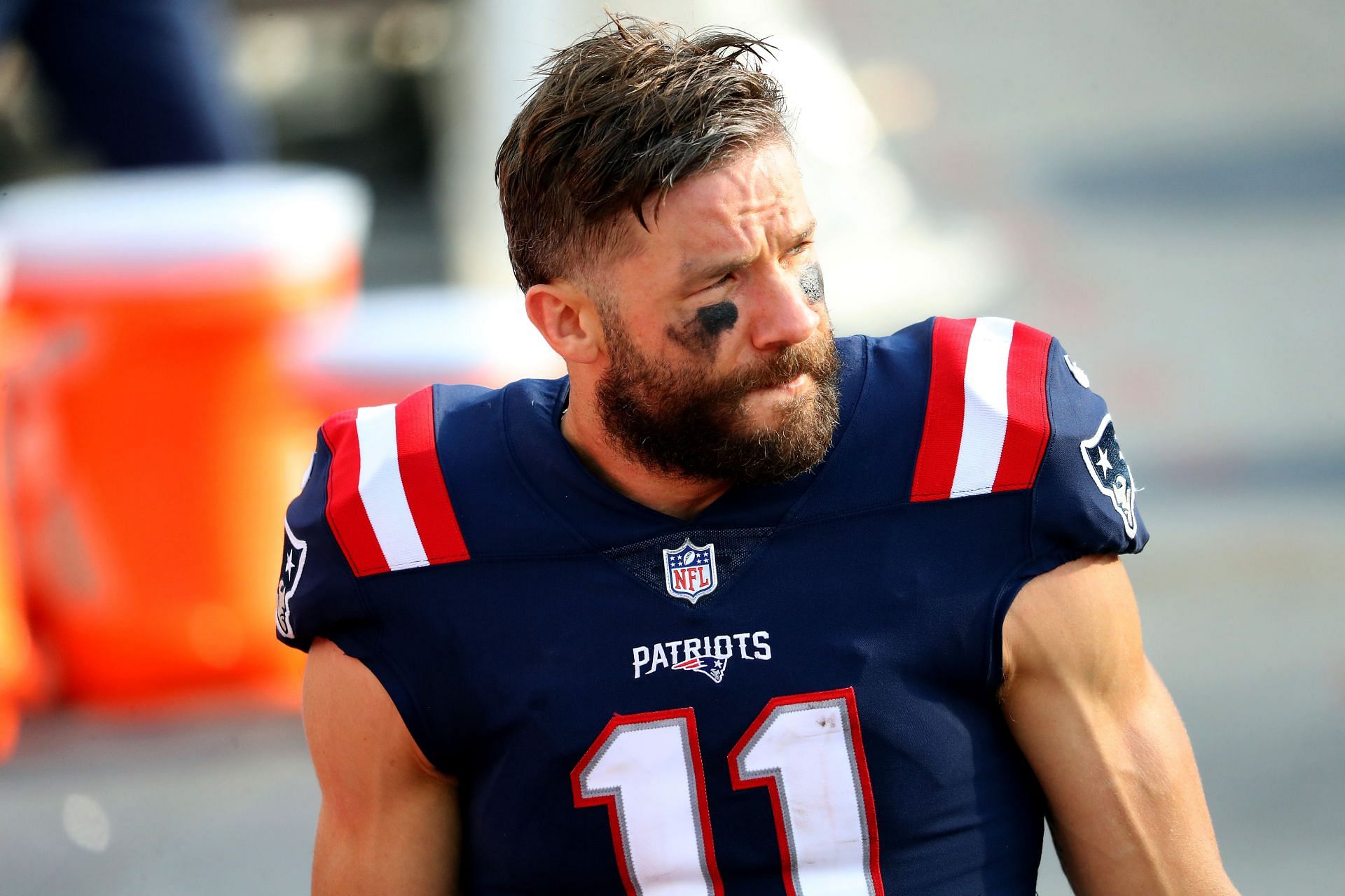 Former New England Patriots wide receiver Julian Edelman on the sidelines