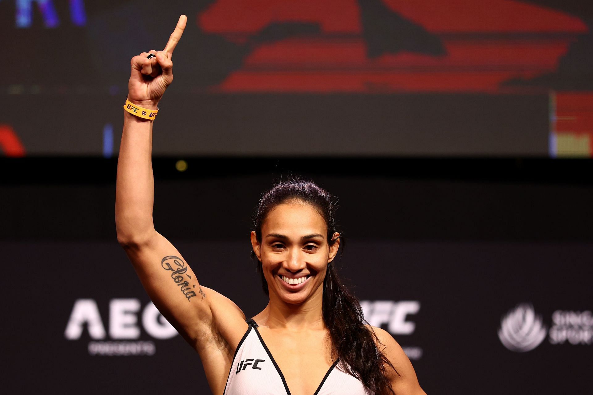 Taila Santos during the weigh-ins for her title fight with Valentina Shevchenko