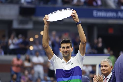 Novak Djokovic with the 2021 US Open runner's up trophy