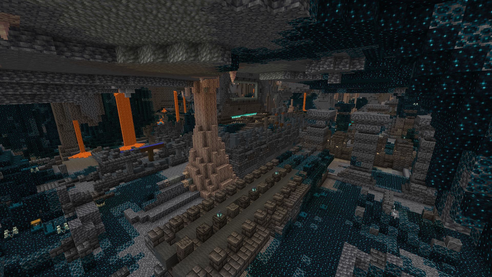 An ancient city with a chest visible, where the disc fragments can be found (Image via Minecraft)