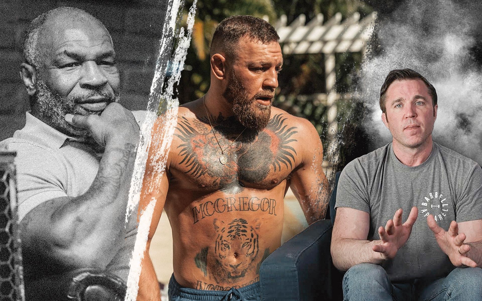 Chael Sonnen (right) contradicts Mike Tyson&#039;s (left) advice for Conor McGregor (center) [Photo credits: @hotboxinpodcast, @thenotoriousmma on Instagram, and YouTube.com]