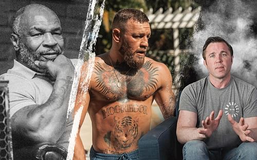 Chael Sonnen (right) contradicts Mike Tyson's (left) advice for Conor McGregor (center) [Photo credits: @hotboxinpodcast, @thenotoriousmma on Instagram, and YouTube.com]