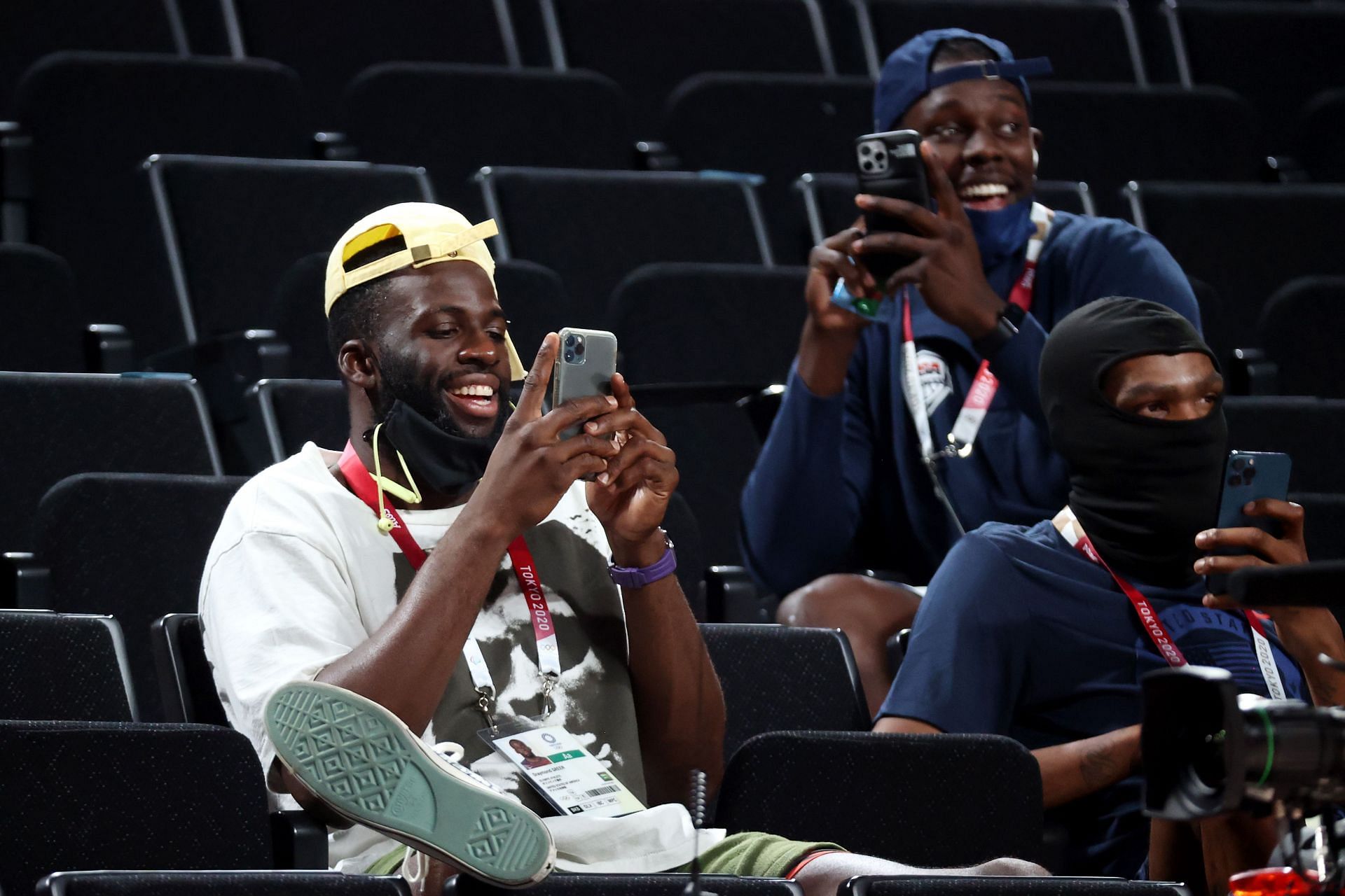 Green and Durant watching the Women&#039;s Basketball team at the 2020 Tokyo Olympics.