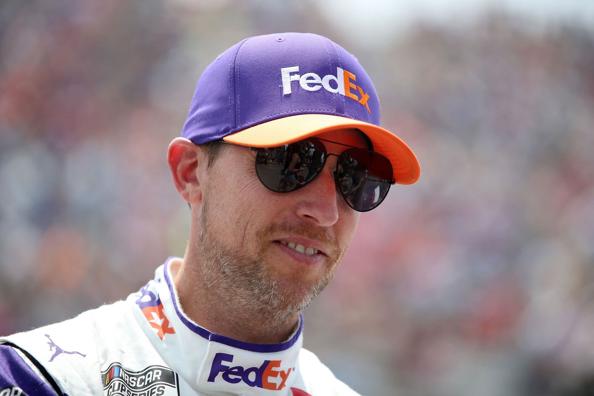 Denny Hamlin waits on the grid before the 2022 NASCAR Cup Series Enjoy Illinois 300 at WWT Raceway in Madison, Illinois (Photo by Sean Gardner/Getty Images)