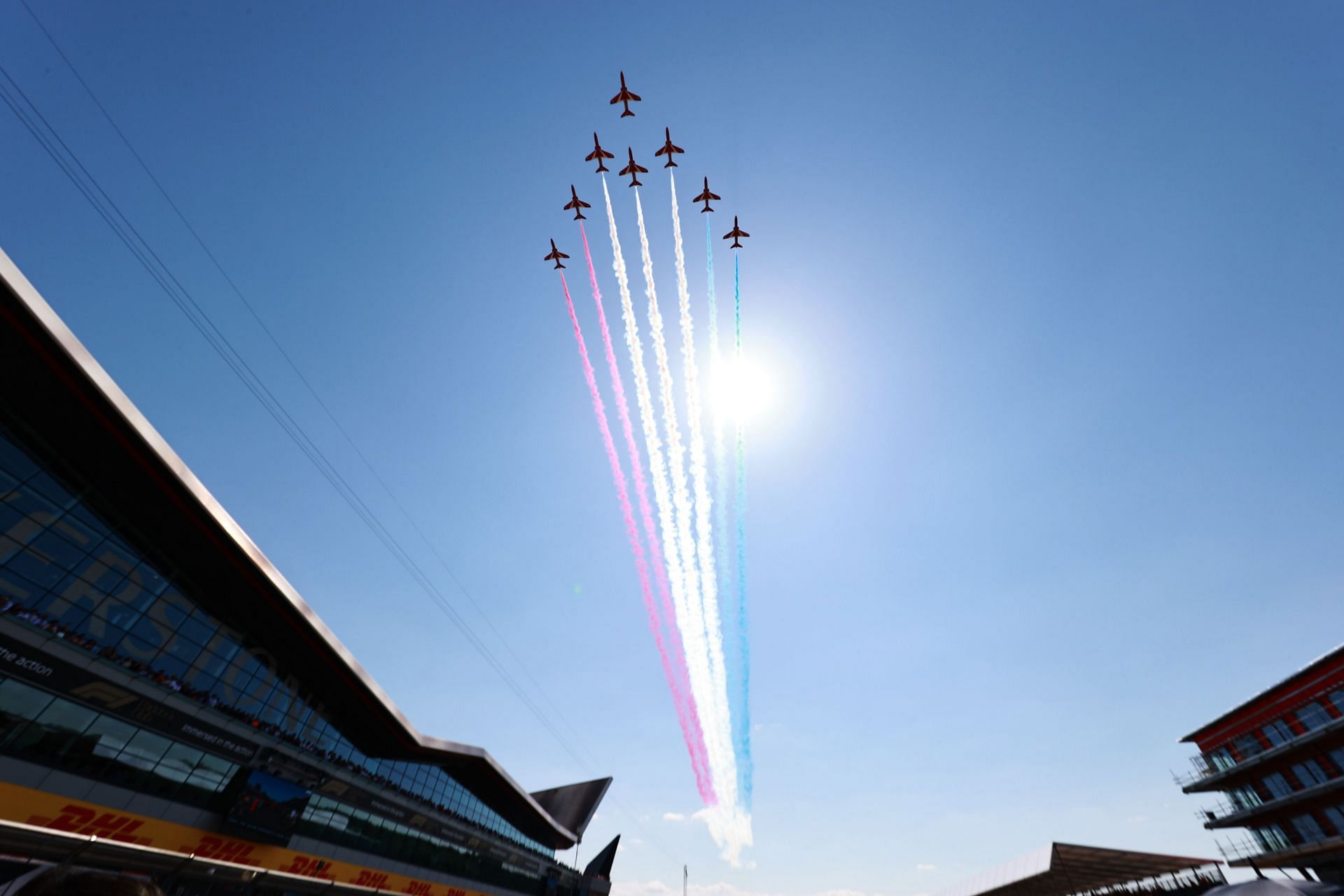 The Red Arrows perform at Silverstone ahead of the 2021 F1 British GP (Photo by Mark Thompson/Getty Images)