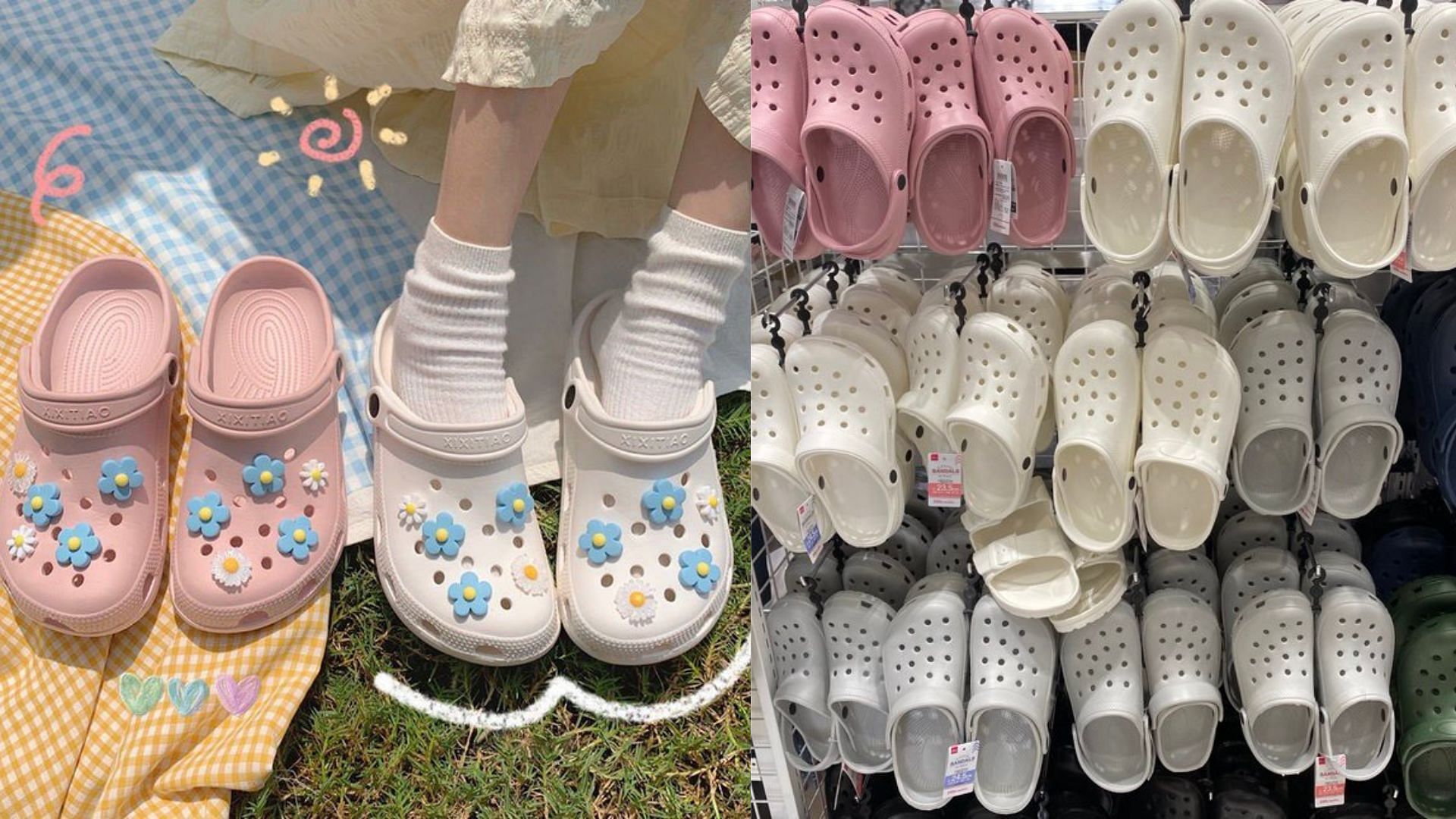 Crocs (left) and Daiso (right) are in conflict amid trademark infringement (Image via Twitter/@jentokki and @qwertybel)