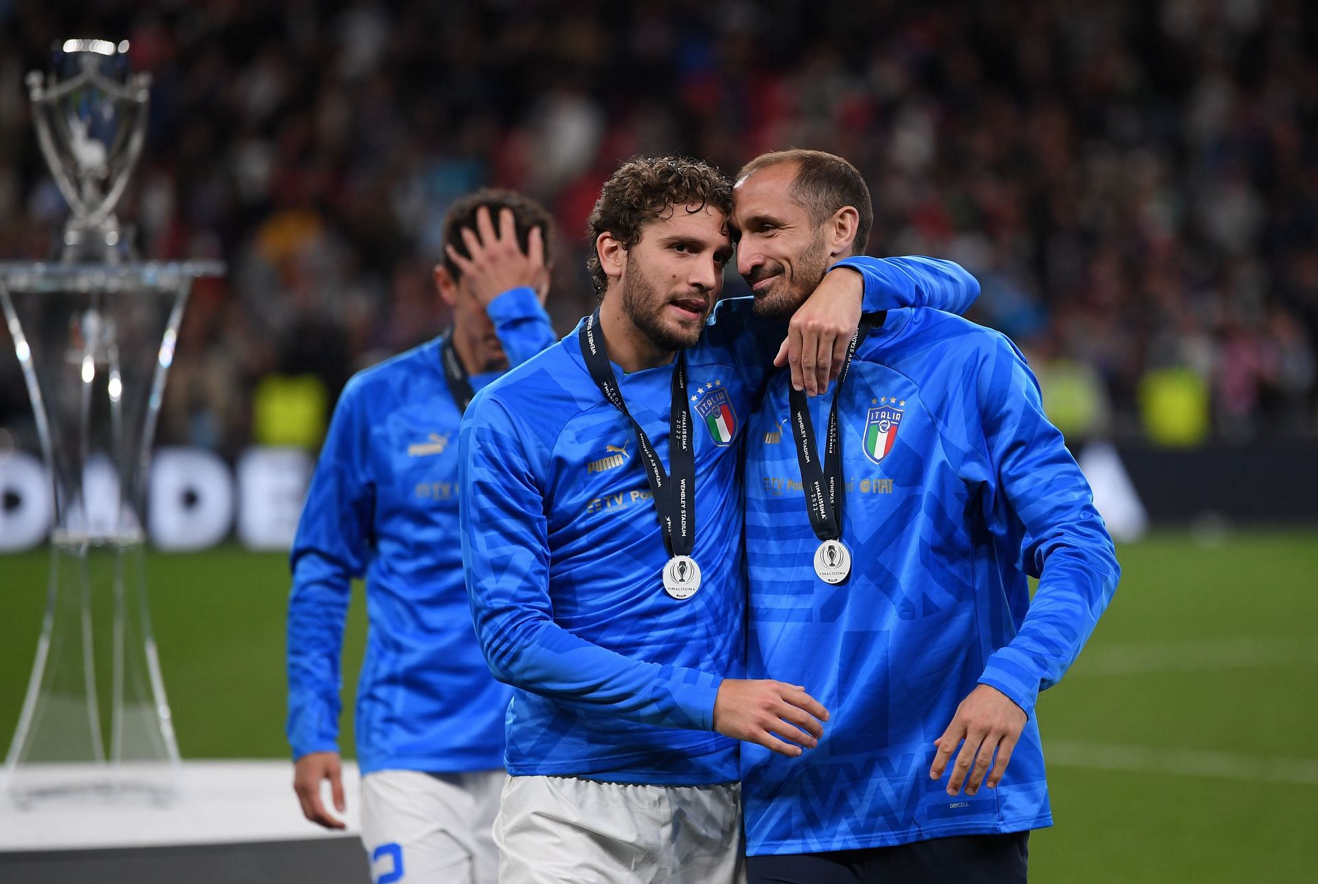 Italy&#039;s Manuel Locatelli and Giorgio Chiellini react after the loss against Argentina.