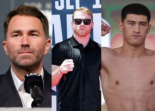 Eddie Hearn (left), Canelo Alvarez (center), Dmitry Bivol (right)