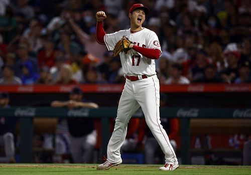 Shohei Ohtani celebrates the final out of the sixth inning.