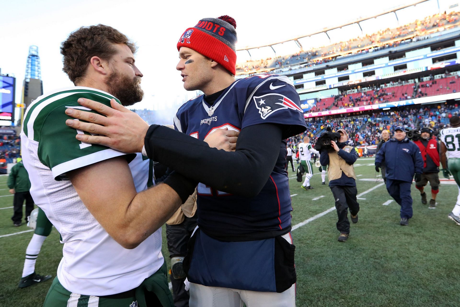 Ryan Fitzpatrick (left) with Tom Brady.