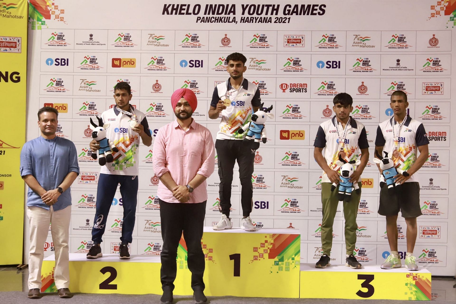The medal ceremony after the 60kg Greco-Roman wrestling event in the ongoing Khelo India Youth Games.