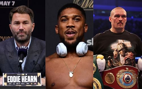 Eddie Hearn (left), Anthony Joshua (center), and Oleksandr Usyk (right) 