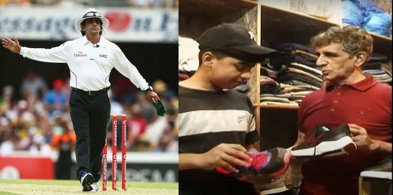 (Left) Asad Rauf during his umpiring days. Pic: Getty Images; (Right) The 66-year-old at the shop he now runs. Pic: Geo News