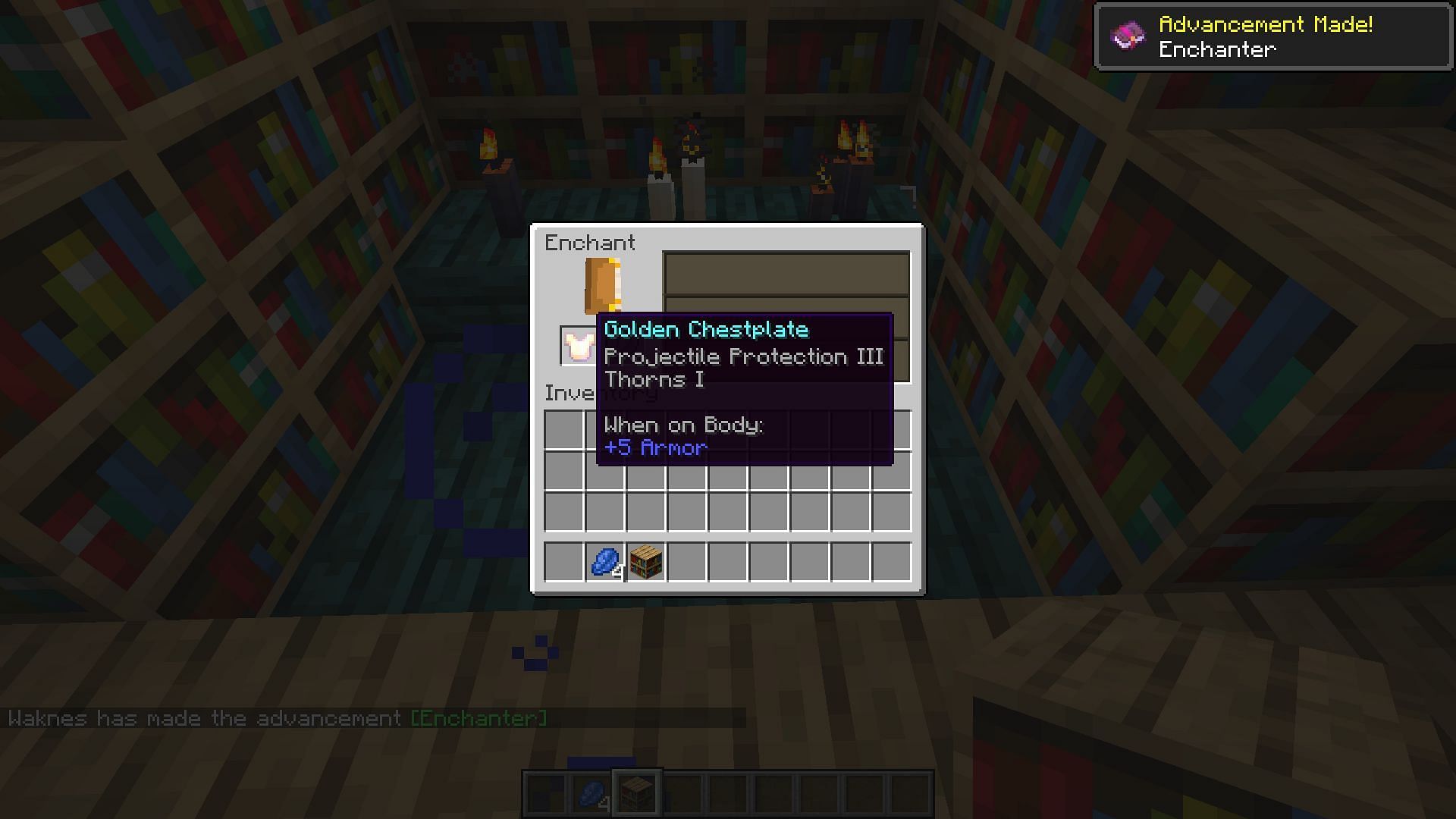 A gold chest plate getting a level 3 protection enchantment from a 12th level enchant (Image via Minecraft)