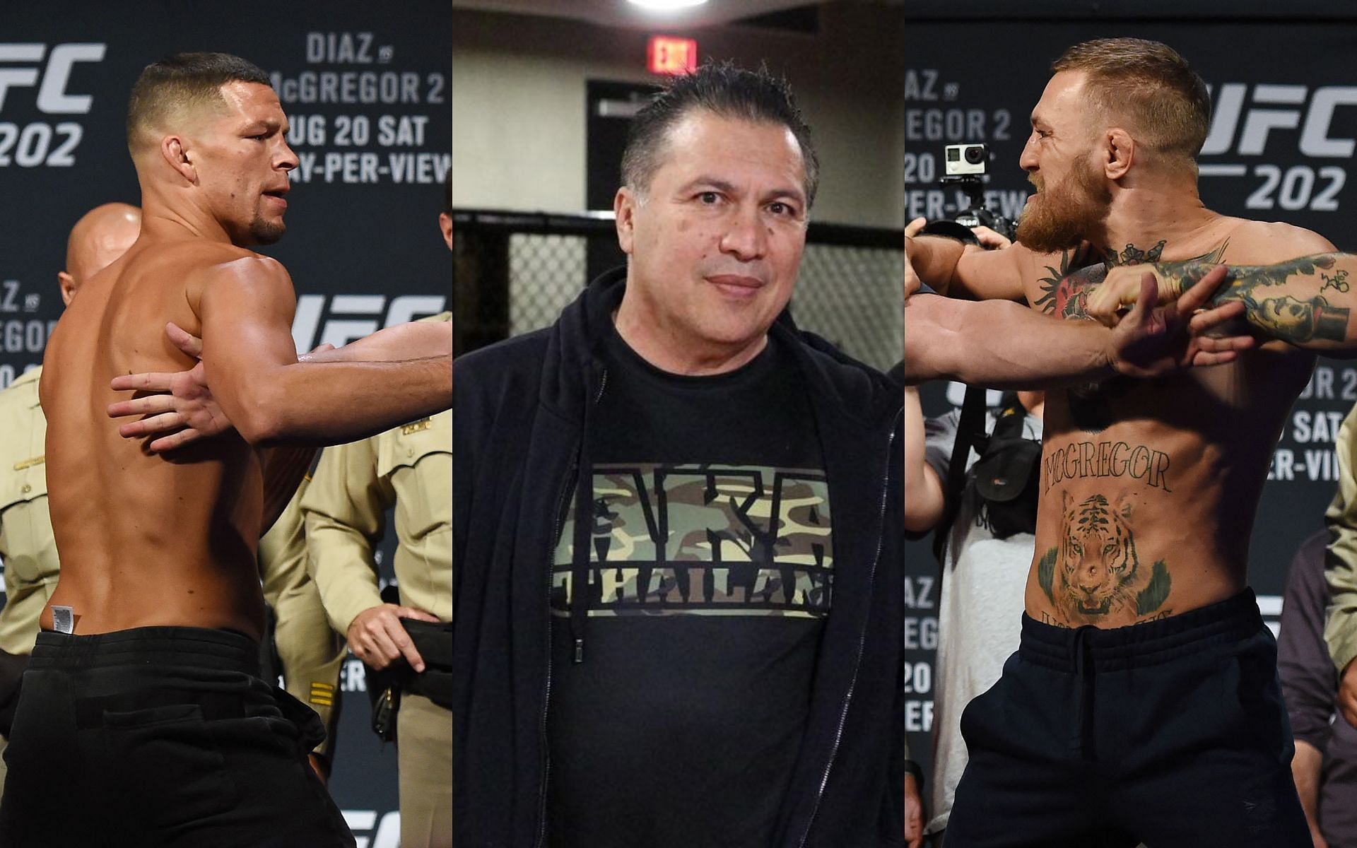 Nate Diaz (left), Javier Mendez (center), Conor McGregor (right) (Images via Getty and Instagram/@AKAJav)