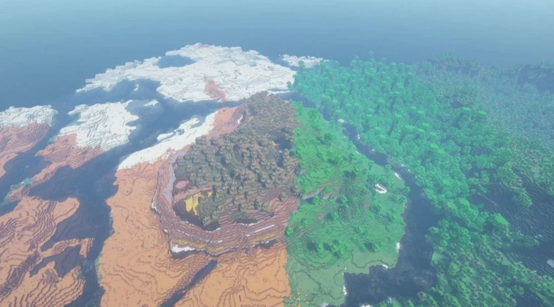 A perfectly divided island between badlands and jungle (Image via Mojang)