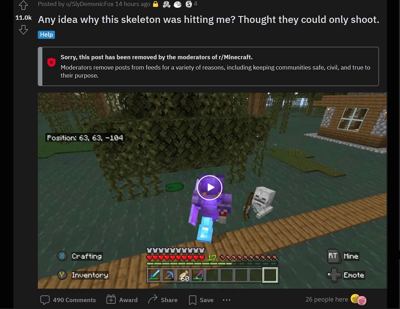 Minecraft Redditor shows skeleton melee attacking