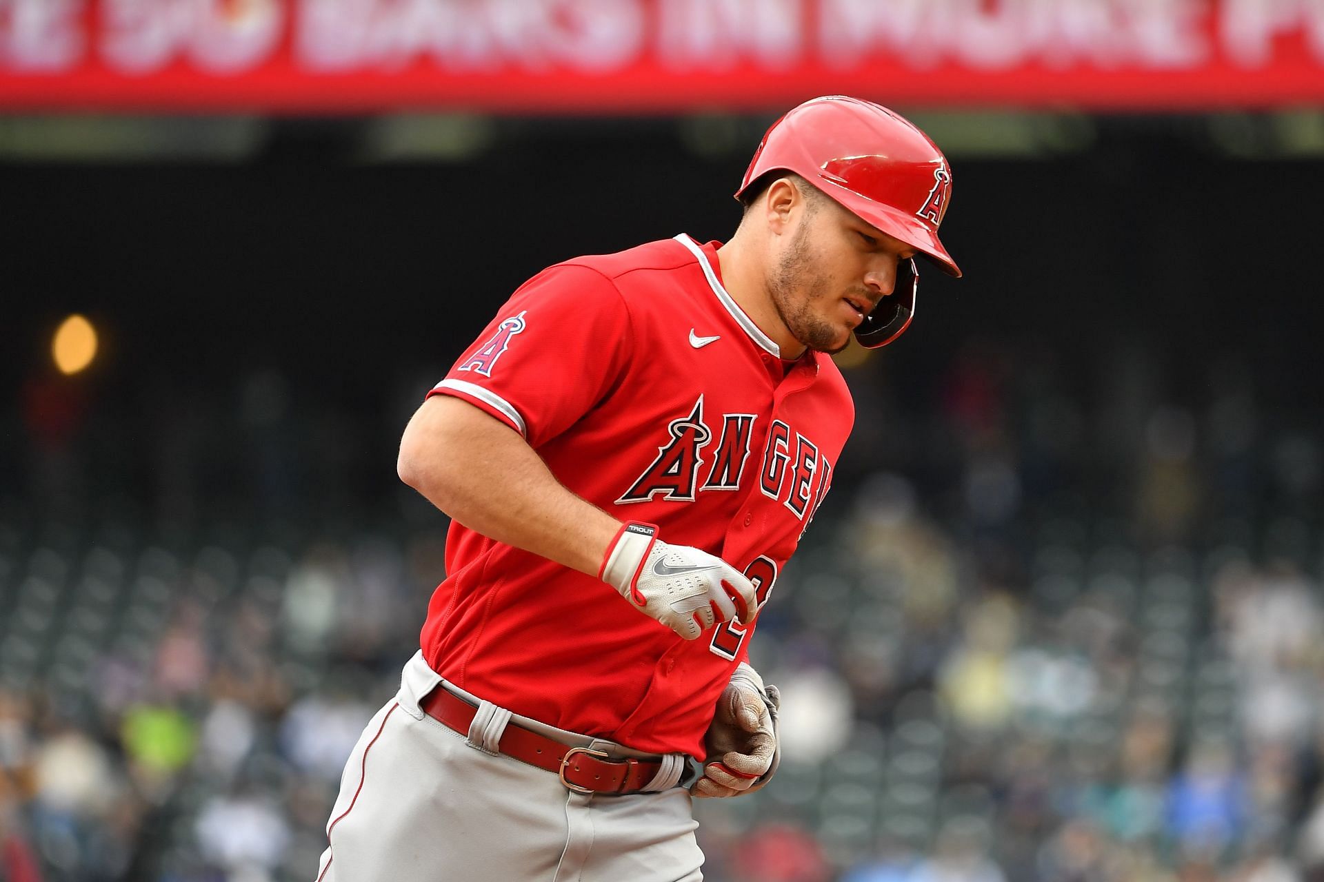 Mike Trout rounds the bases in a Los Angeles Angels v Seattle Mariners game.