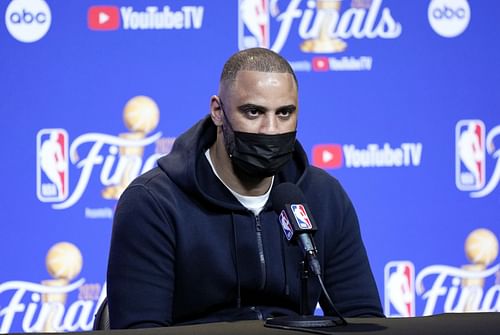 Head coach Ime Udoka of the Boston Celtics addresses the media.