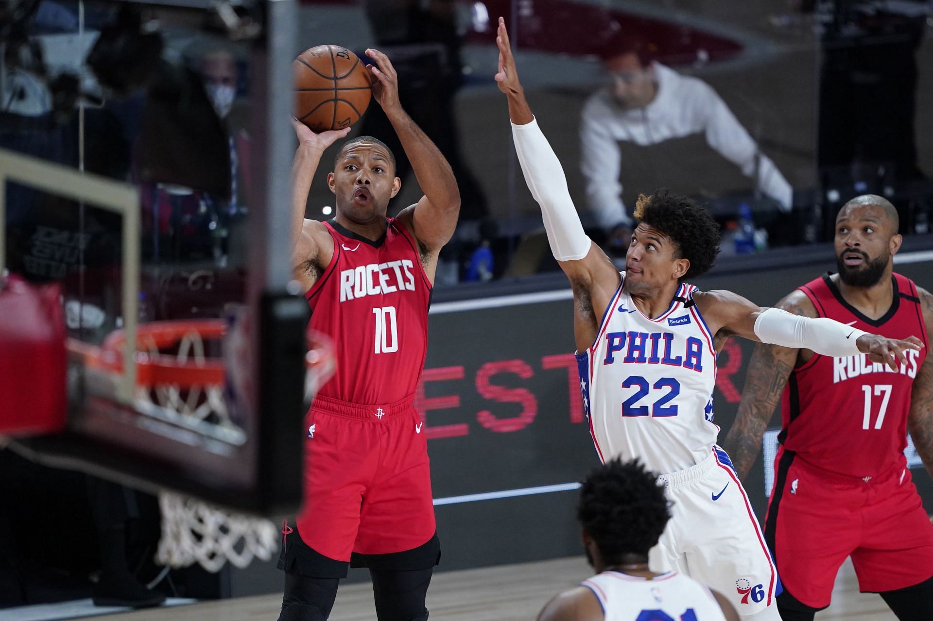 Matisse Thybulle of the Philadelphia 76ers tries to block Eric Gordon of the Houston Rockets