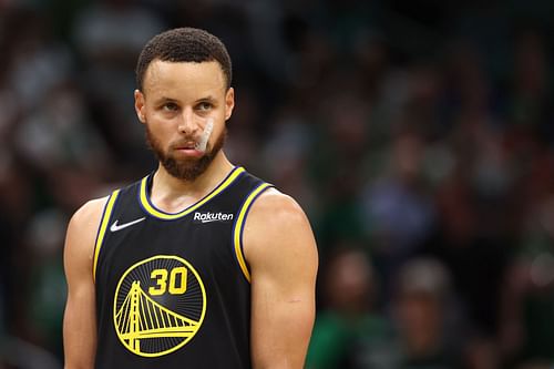 Steph Curry of the Golden State Warriors looks on in the fourth quarter against the Boston Celtics during Game 3 of the NBA Finals at TD Garden on Wednesday in Boston, Massachusetts