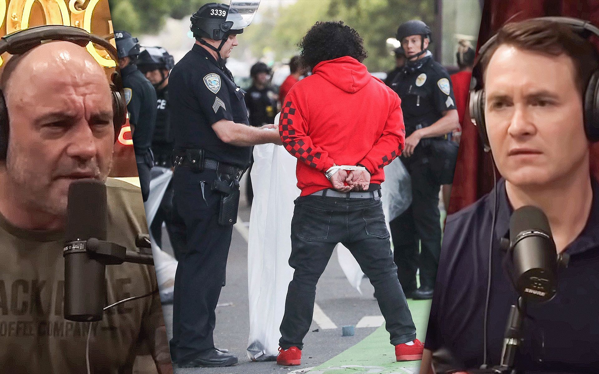 Joe Rogan (left), person getting arrested for lighting fires in Portland (center image via cnn.com), Douglas Murray (right) (other images from powerfulJRE youtube)