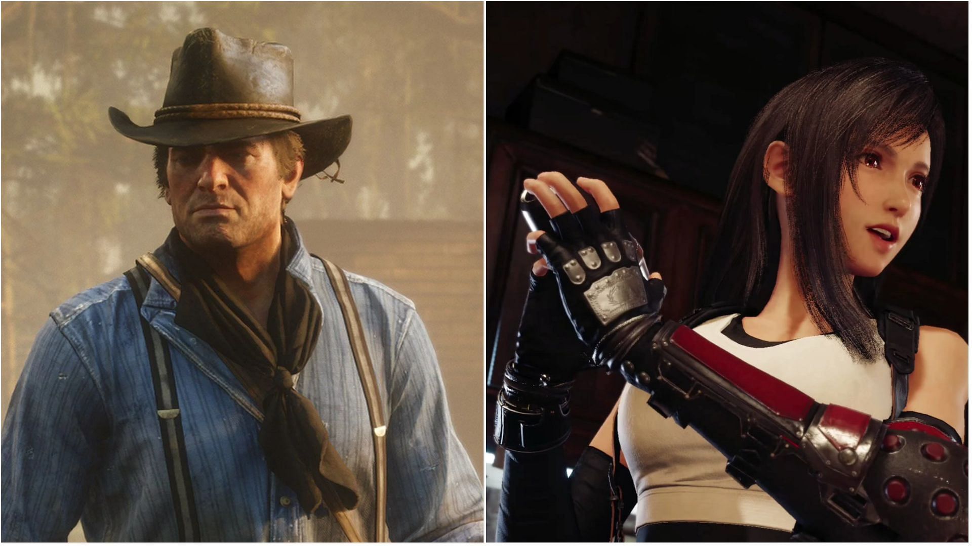 Arthur has his hat, and Tifa has her gloves in terms of iconic video game attire (Image via Rockstar Games &amp; Square Enix)