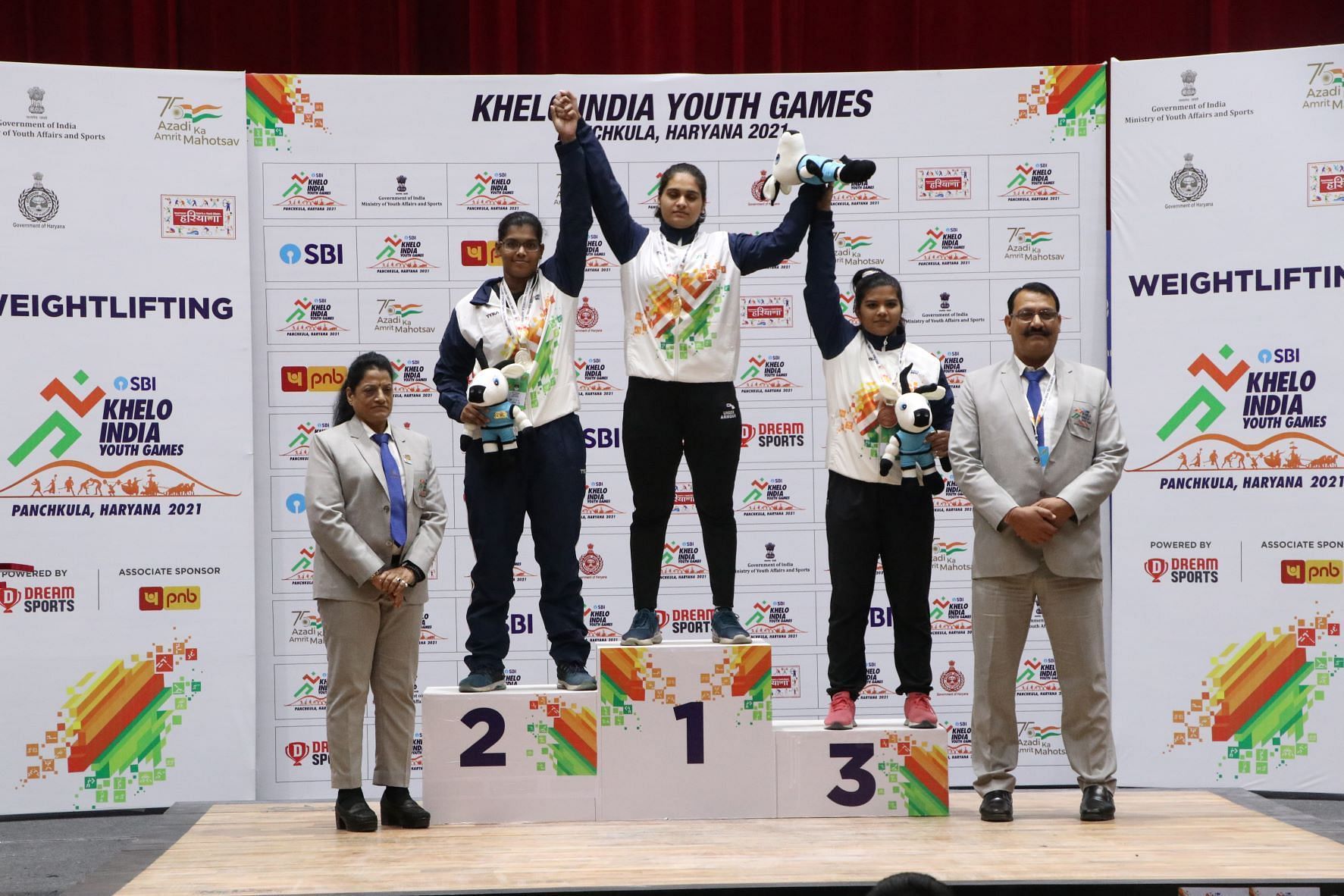 The women&#039;s 76kg weightlifting medallists at the Khelo India Youth Games. (PC: Khelo India)