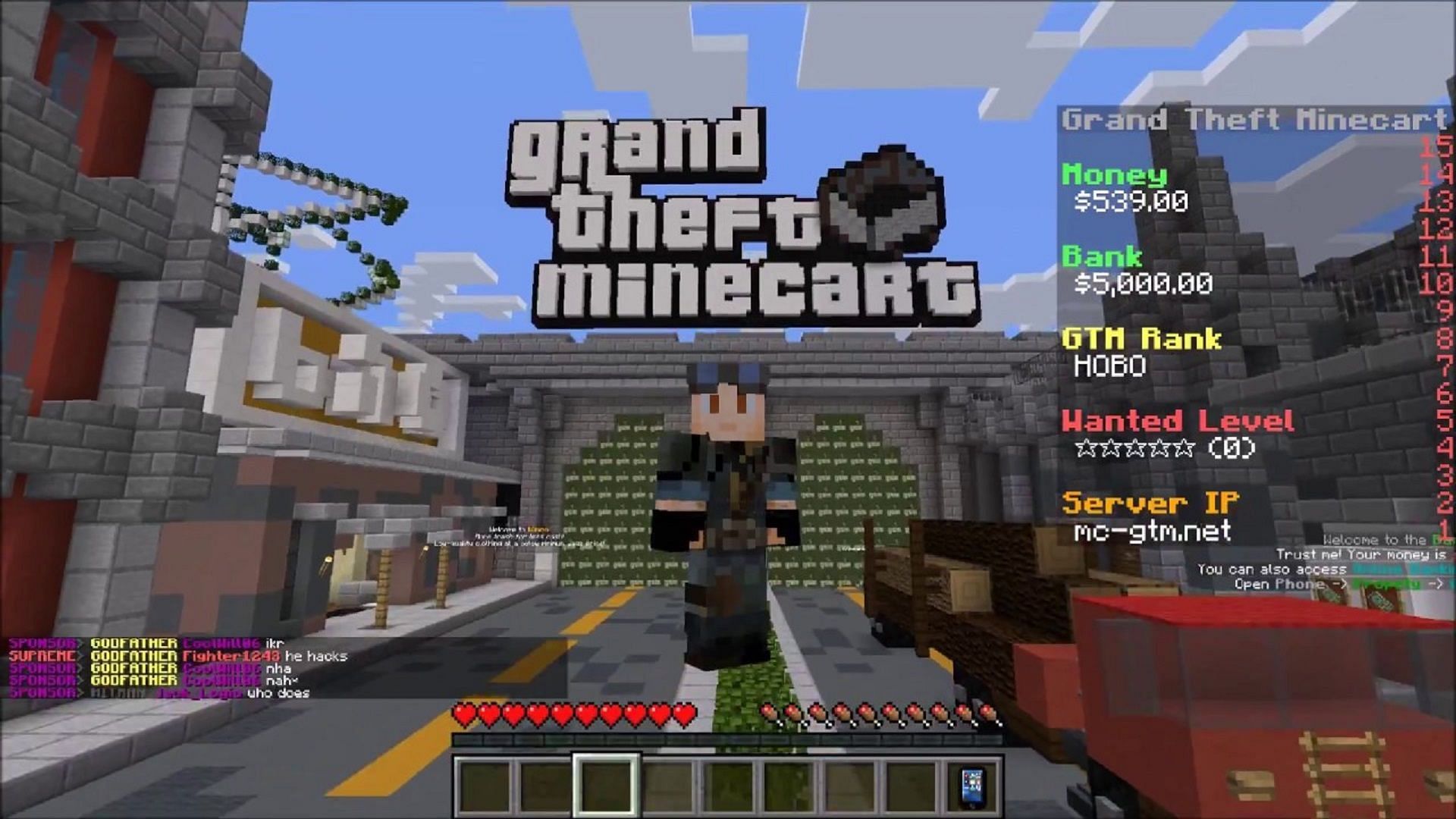 Grand Theft Minecart mixes GTA and Minecraft in a wonderful blend (Image via BattleBall88/YouTube)
