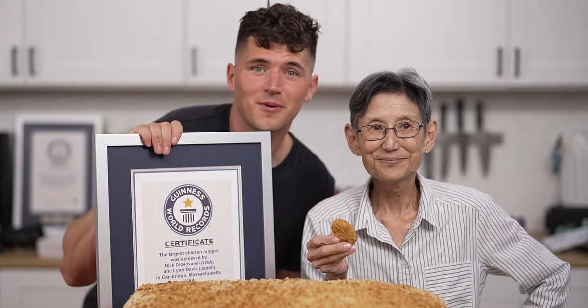 Nick DiGiovanni and Lynn Davis create the world&#039;s largest chicken nugget weighing over 46 pounds. (Image via Guinness World Records/Twitter)