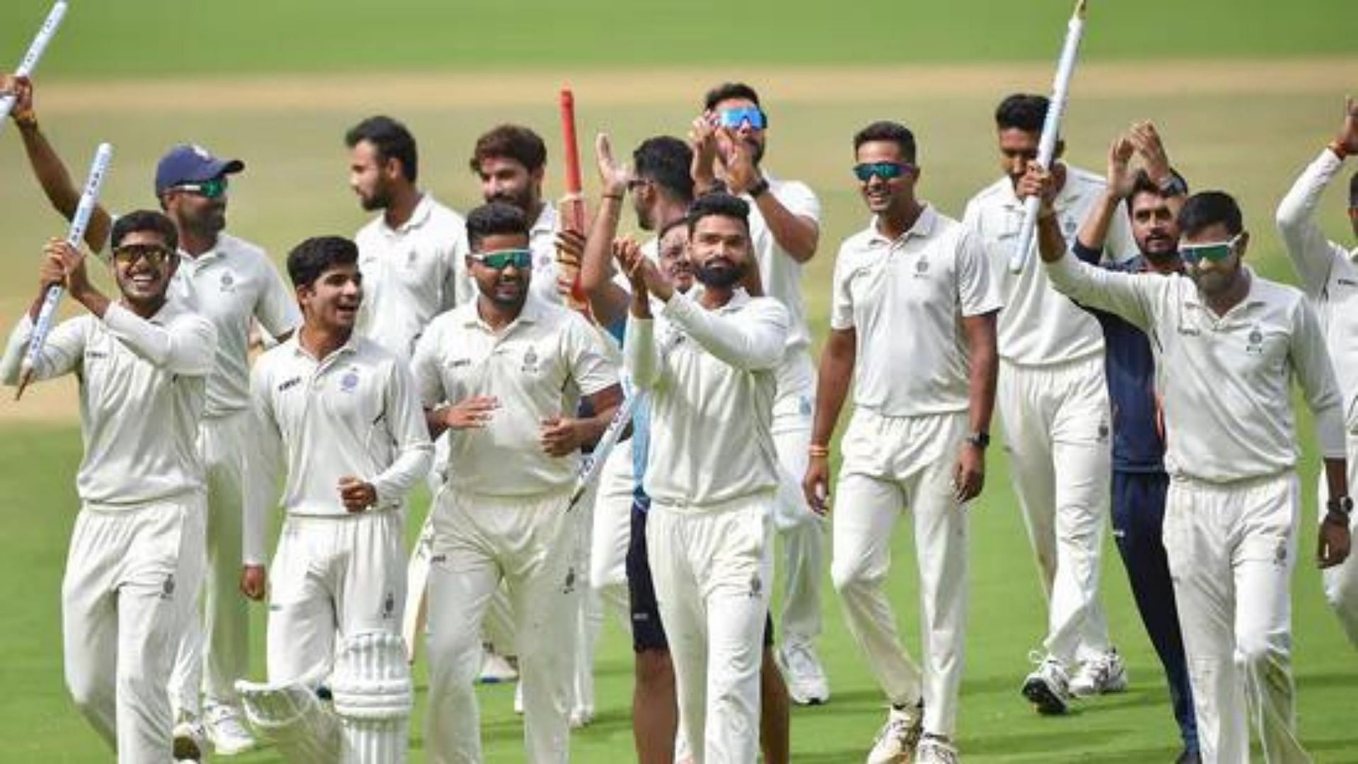 Kumar Kartikeya and other MP players celebrating after historic Ranji Trophy title. (P.C.:BCCI)