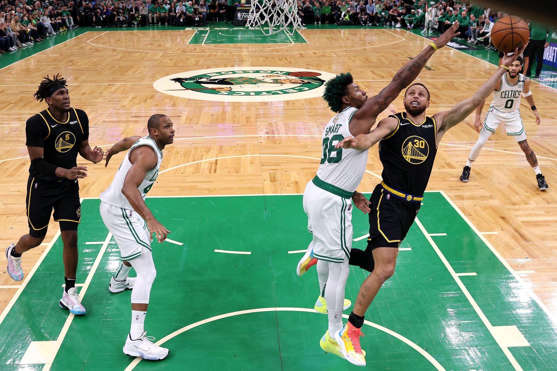 2022 NBA Finals - Game 3; Marcus Smart defending Steph Curry.