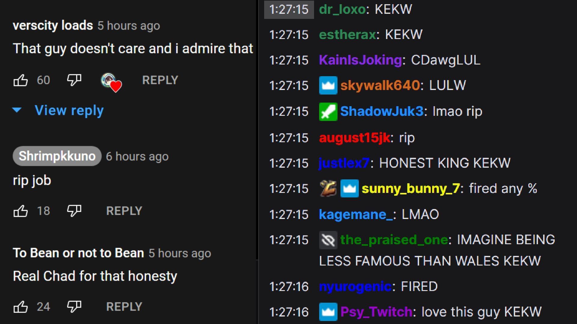 Chat praising the man&#039;s honesty (Image via Shrimpkkuno/ YouTube, CDawgVA/Twitch)