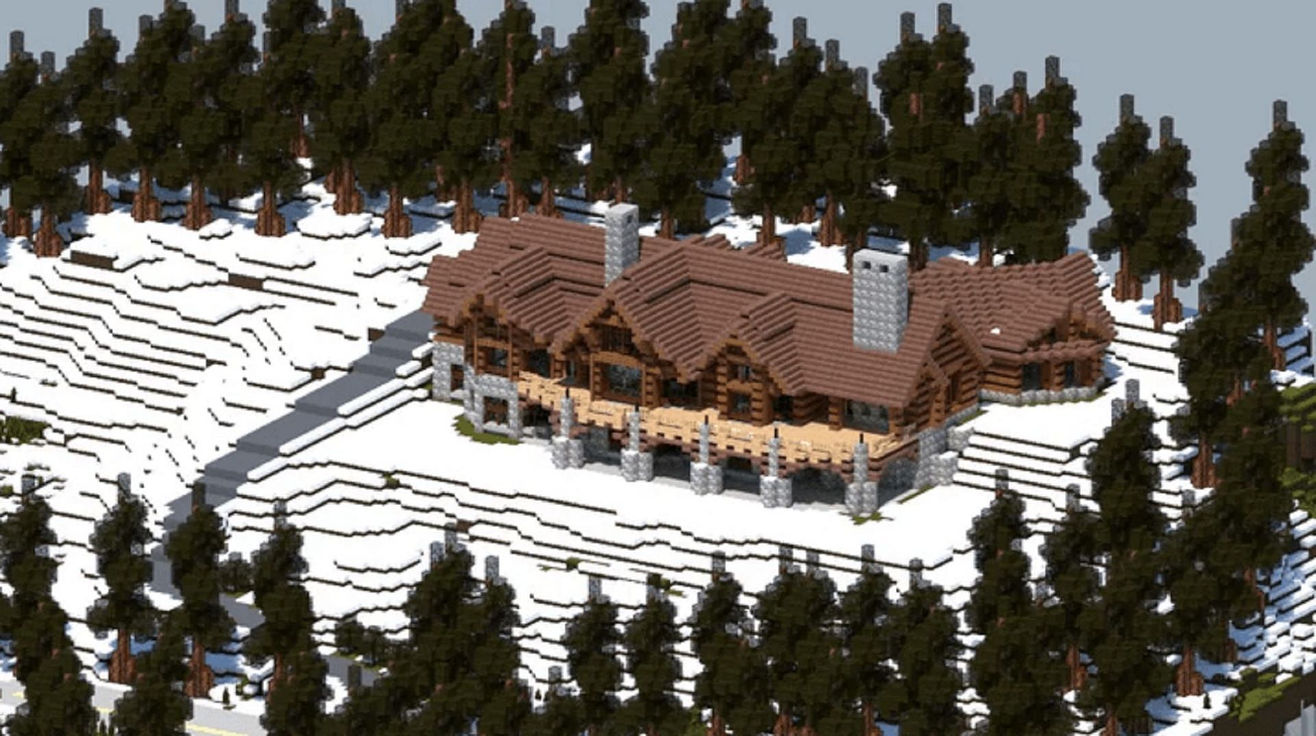 A cozy mountain cabin lodged in a frigid peak (Image via u/TheDreamer25/Reddit)