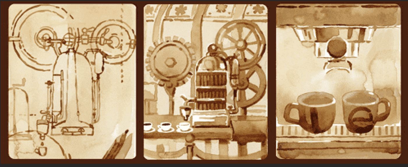 Google Doodle of the first-ever espresso machine (Image via Google Doodle)