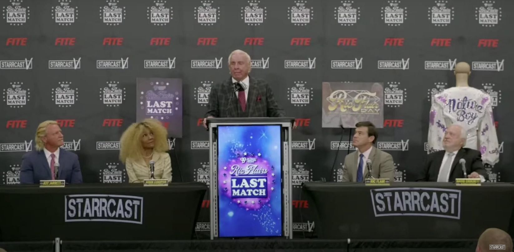 The 16-time world champion addressed the media at the Starrcast press conference
