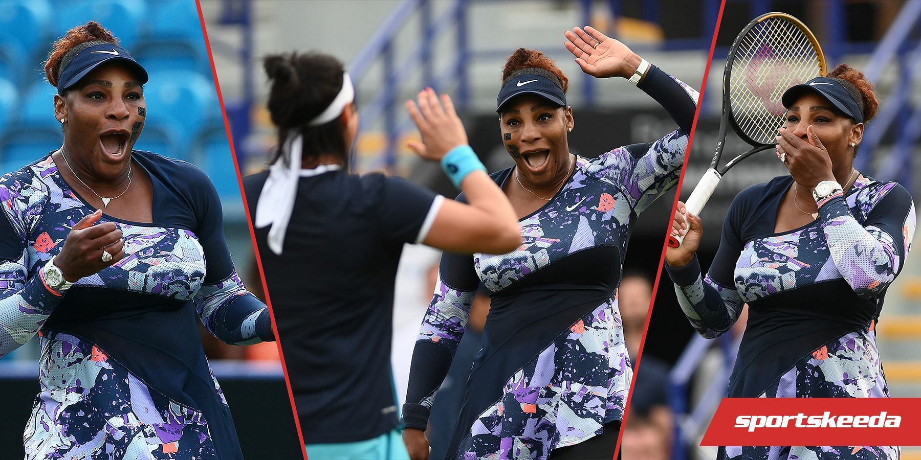Serena Williams and partner Ons Jabeur won their doubles match in Eastbourne on Tuesday