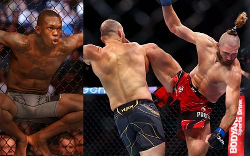 Israel Adesanya (left); Glover Teixeira catches an attempted knee strike by Jiri Prochazka at UFC 275 (right)