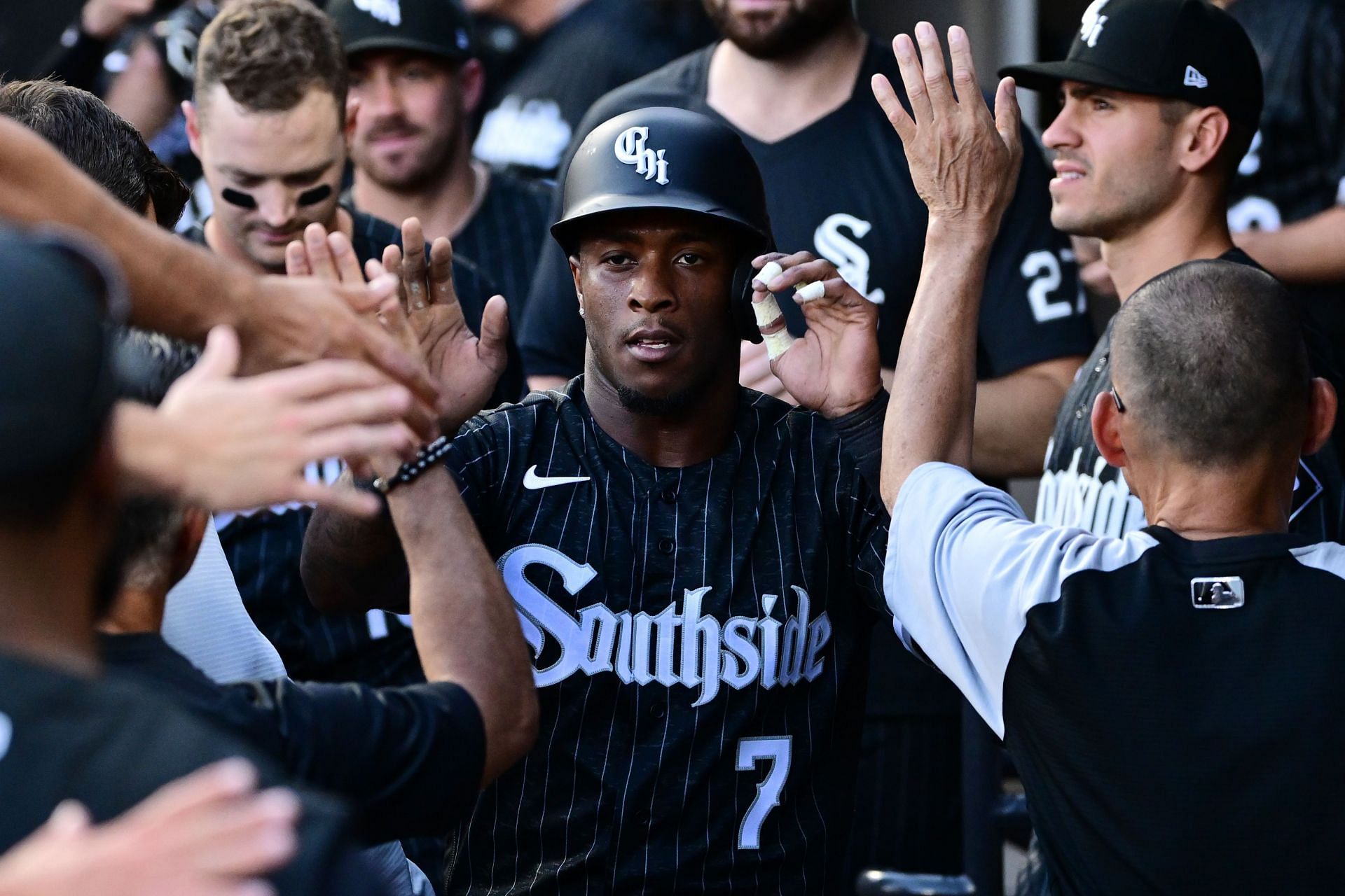 Tim Anderson celebrates in the dugout, Toronto Blue Jays v Chicago White Sox.