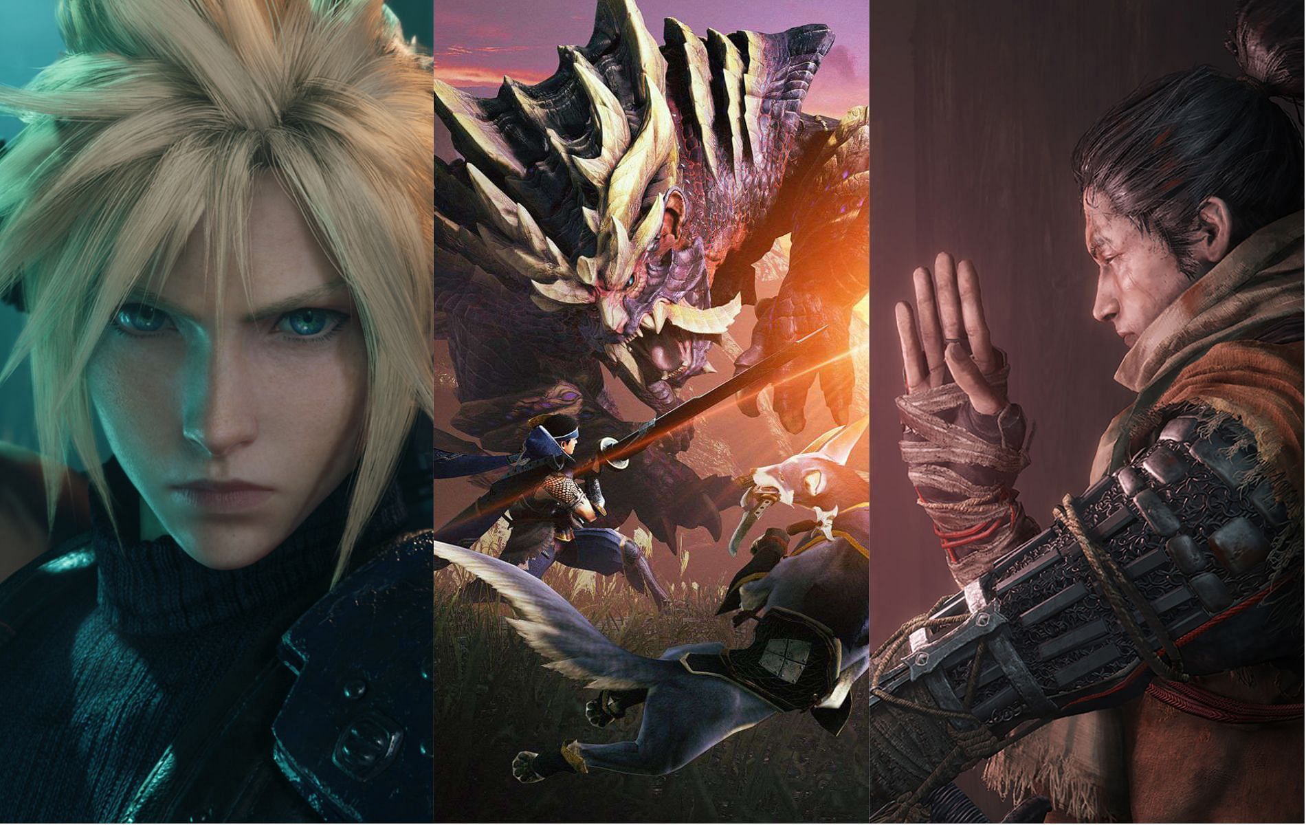 Final Fantasy 7 and Sekiro are some of the best games that players tired of grinding in Monster Hunter titles must try (Image via Square Enix, Capcom, FromSoftware, Steam)
